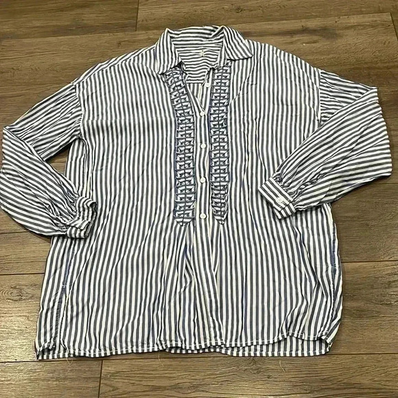 [L]Max Studio 100 Modal White Blue Straps Prints Button  Down Women Shirt - Picture 4 of 11